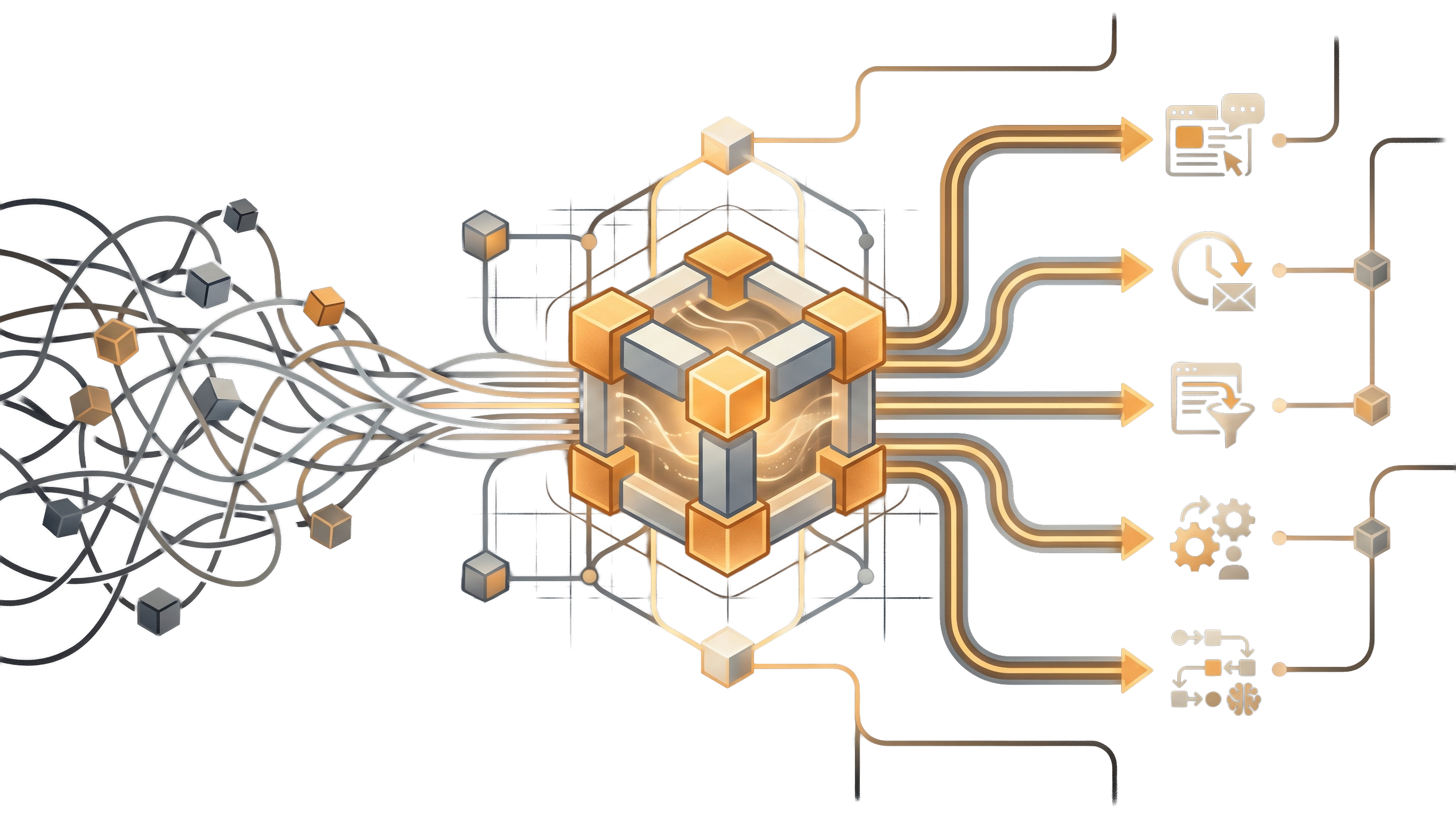 A visual showing AI automation turning tangled manual work into organized, routed actions.