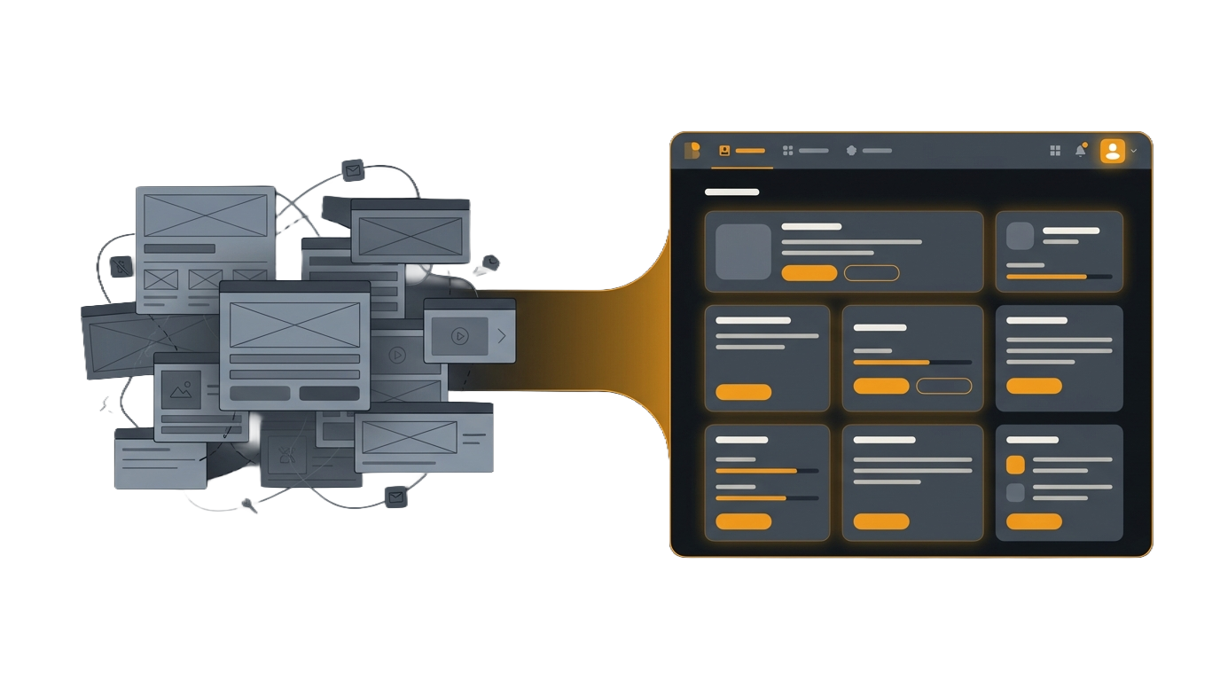 A transparent visual showing a messy logged-in experience clarified into a more organized portal or dashboard.