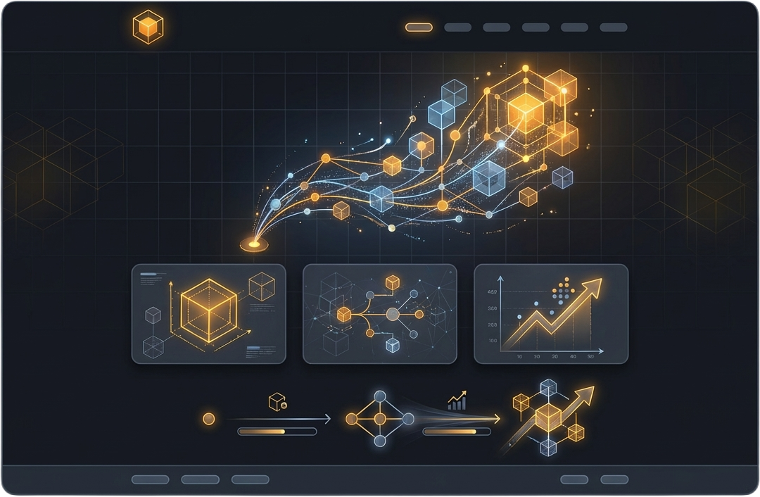 A branded website growth visual showing stronger structure, connected systems, and upward momentum.