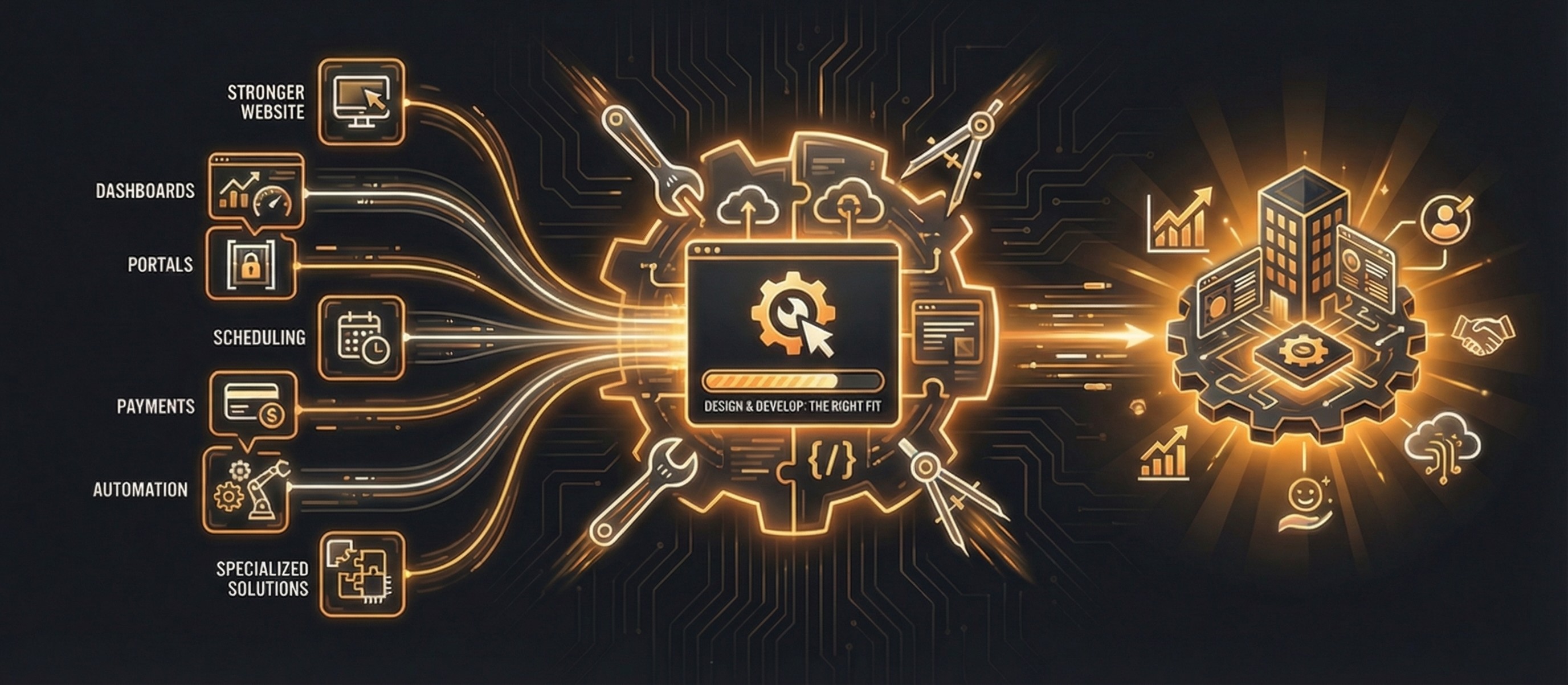 A branded visual showing Bitcraft tailoring the right mix of websites, dashboards, portals, scheduling, payments, automation, and specialized tools.