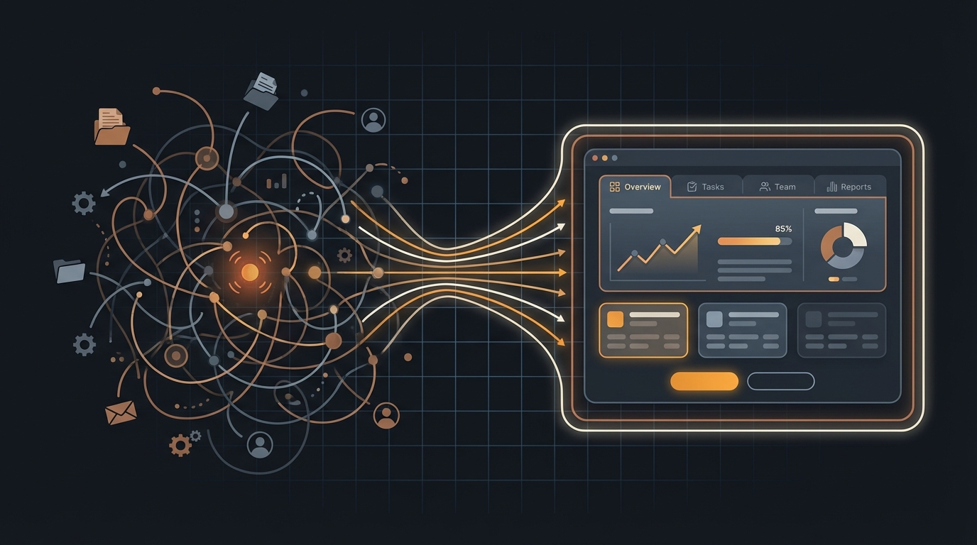 A visual showing messy workflow inputs converging into a clearer portal or dashboard experience.