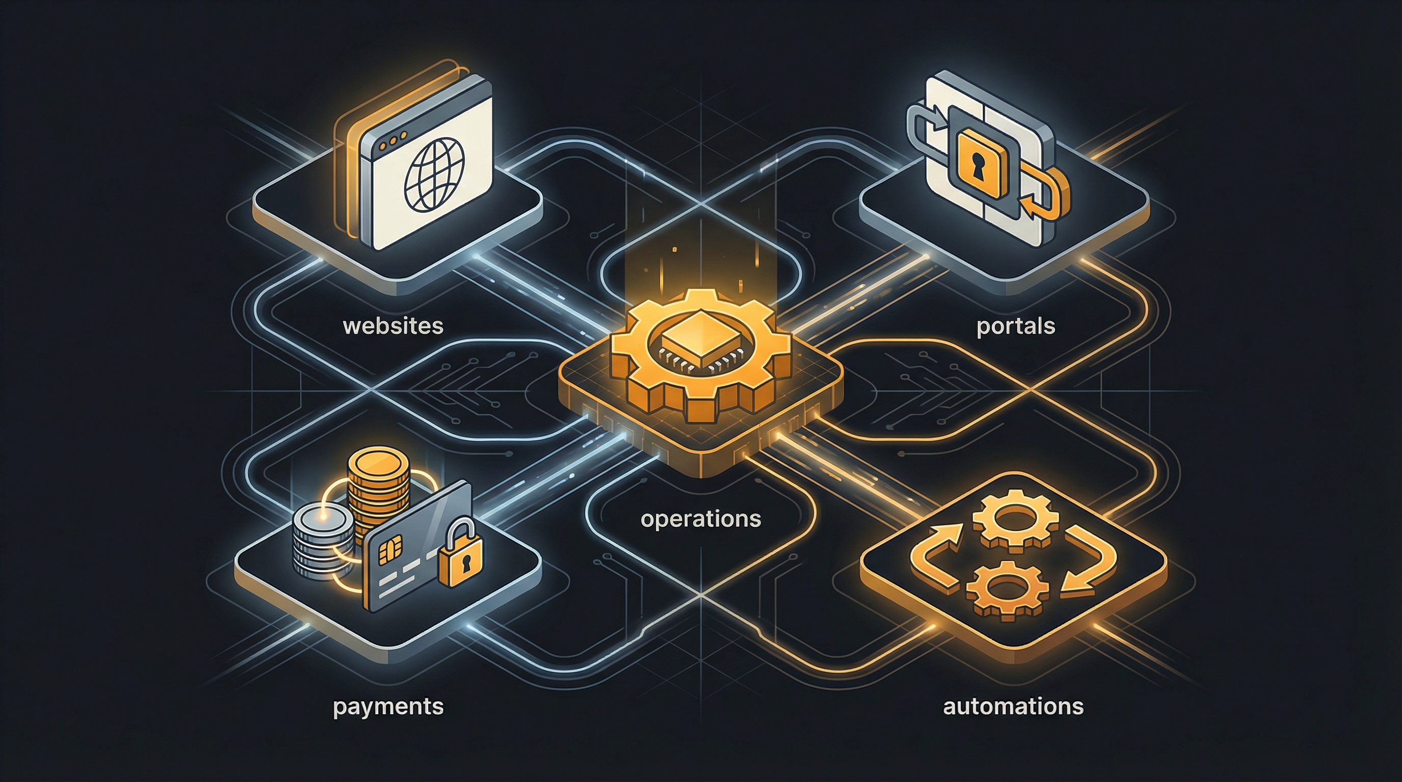 A visual showing operations connected with websites, portals, payments, and automations.