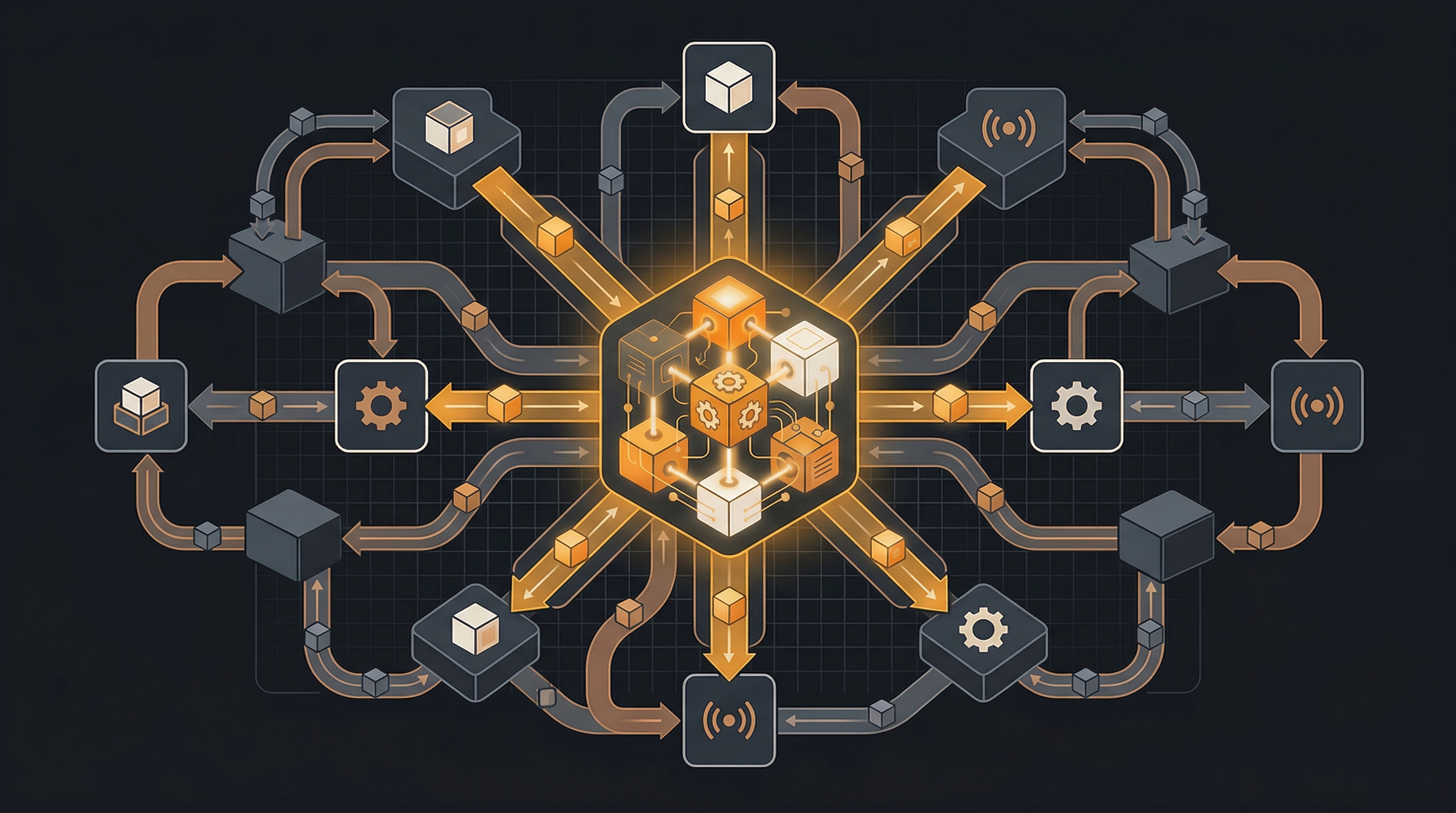 A visual showing AI automation orchestrated across connected operational systems.