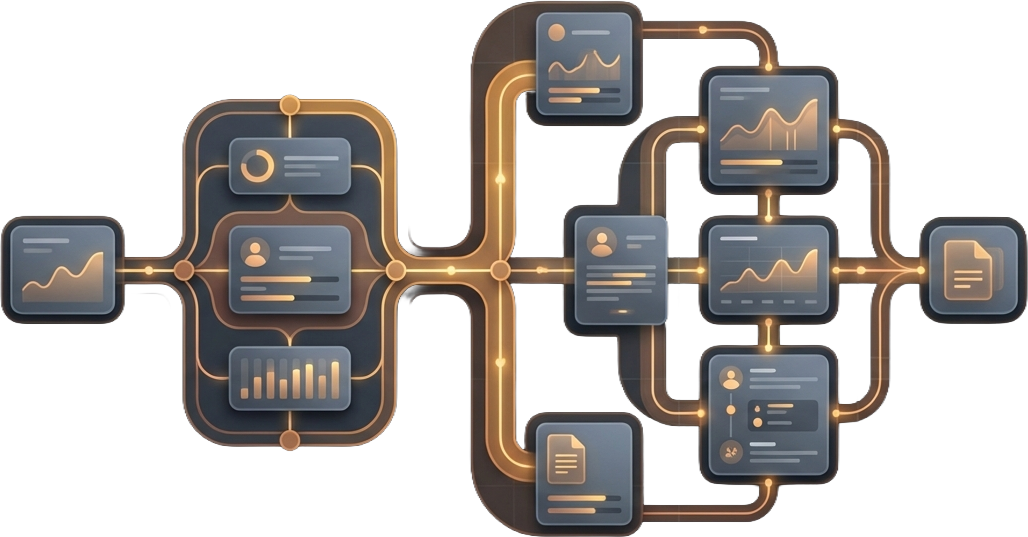 A transparent workflow visual showing connected portal, dashboard, and document touchpoints.