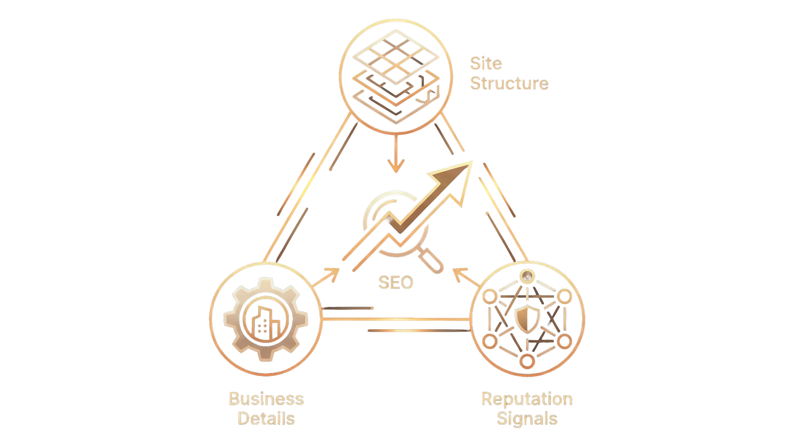 A visual showing site structure, business details, and reputation signals reinforcing stronger SEO.