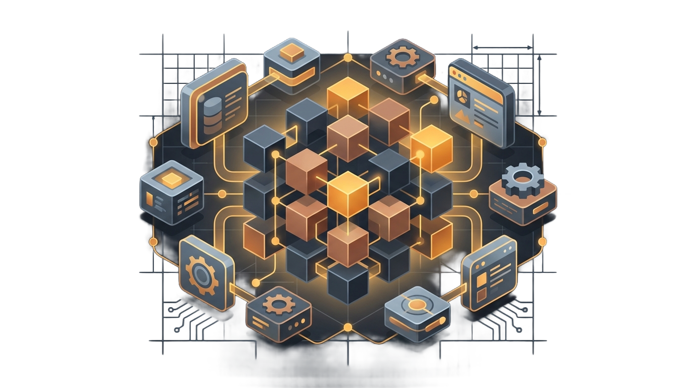 A transparent visual showing connected business services and tools built around the way a business works.