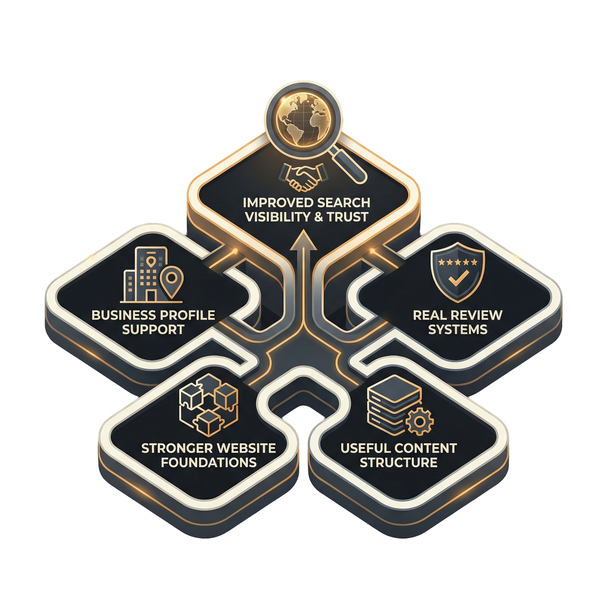 An abstract visual representing stronger search visibility, trust signals, and reputation growth.