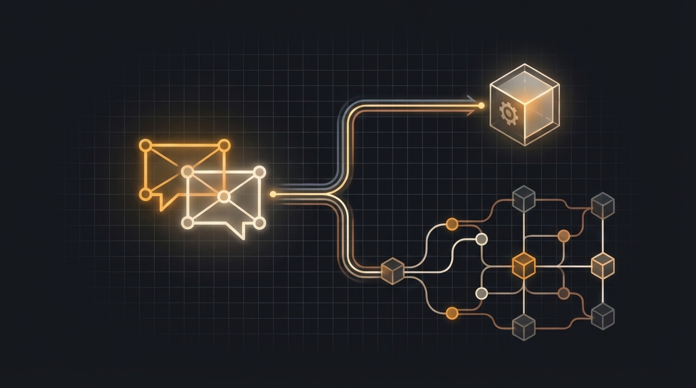 A visual showing a conversation path branching into a clearer service direction and connected solution path.