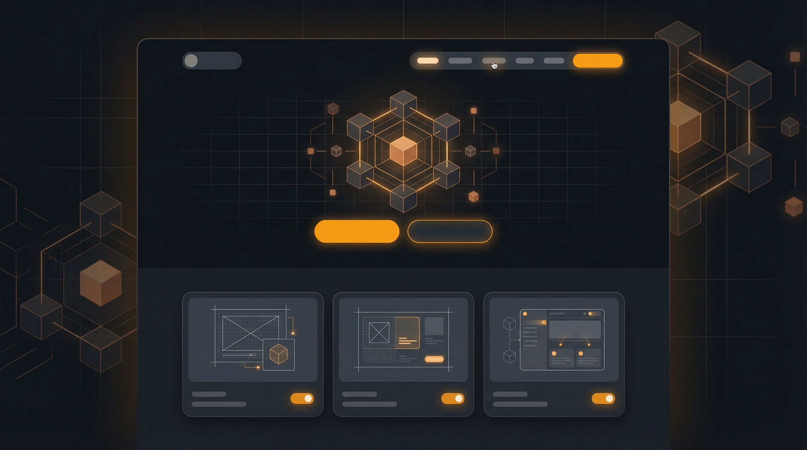 A stylized custom website interface with blueprint panels and amber-highlighted website elements.
