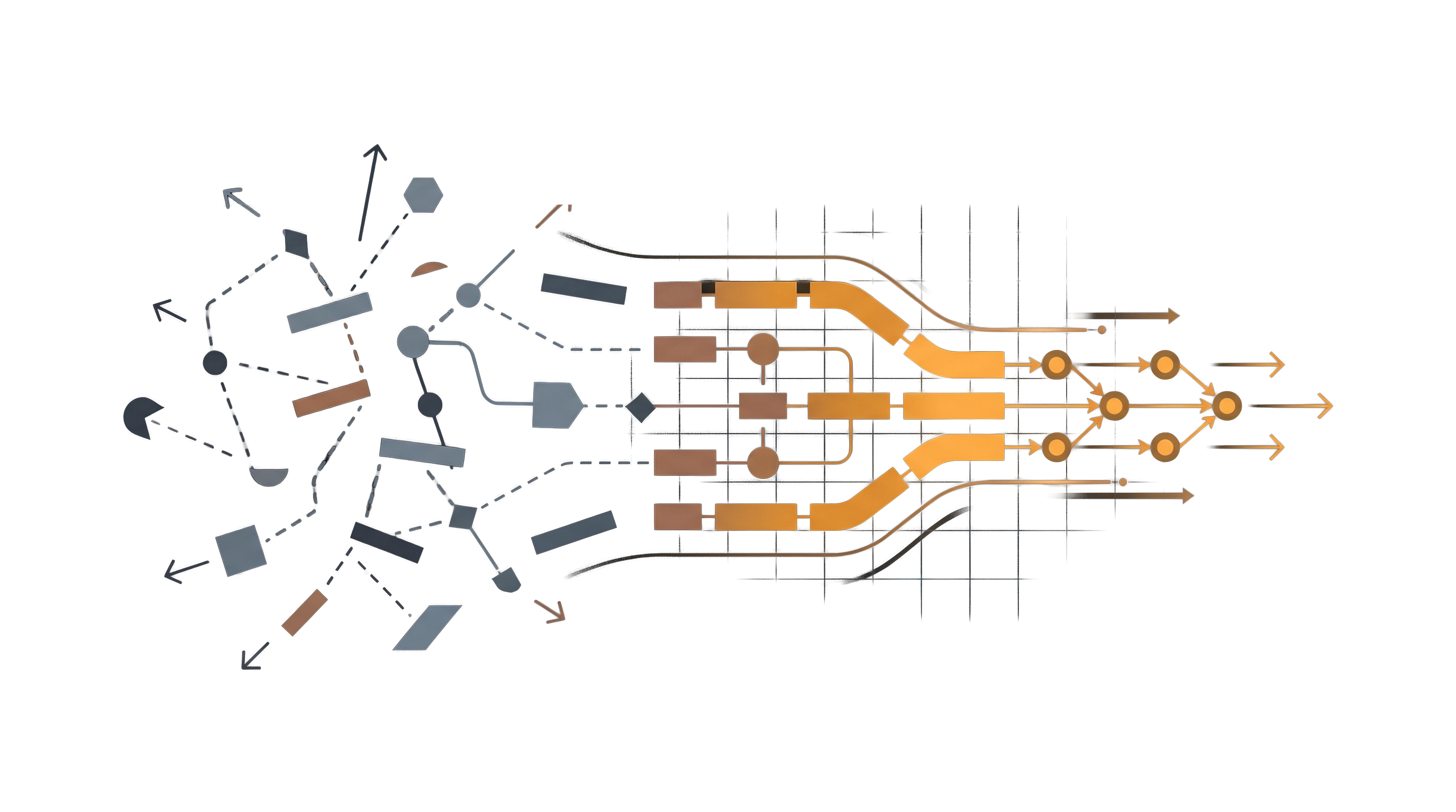 A visual showing a scattered workflow becoming a clearer, streamlined process.